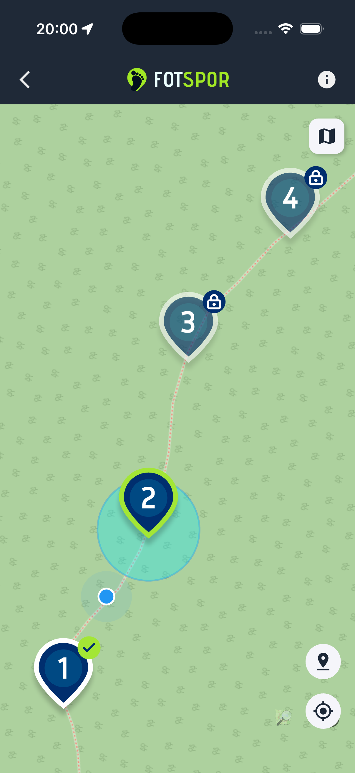 Skjermbilde av Fotspor-appen med rute og poster i kartet
